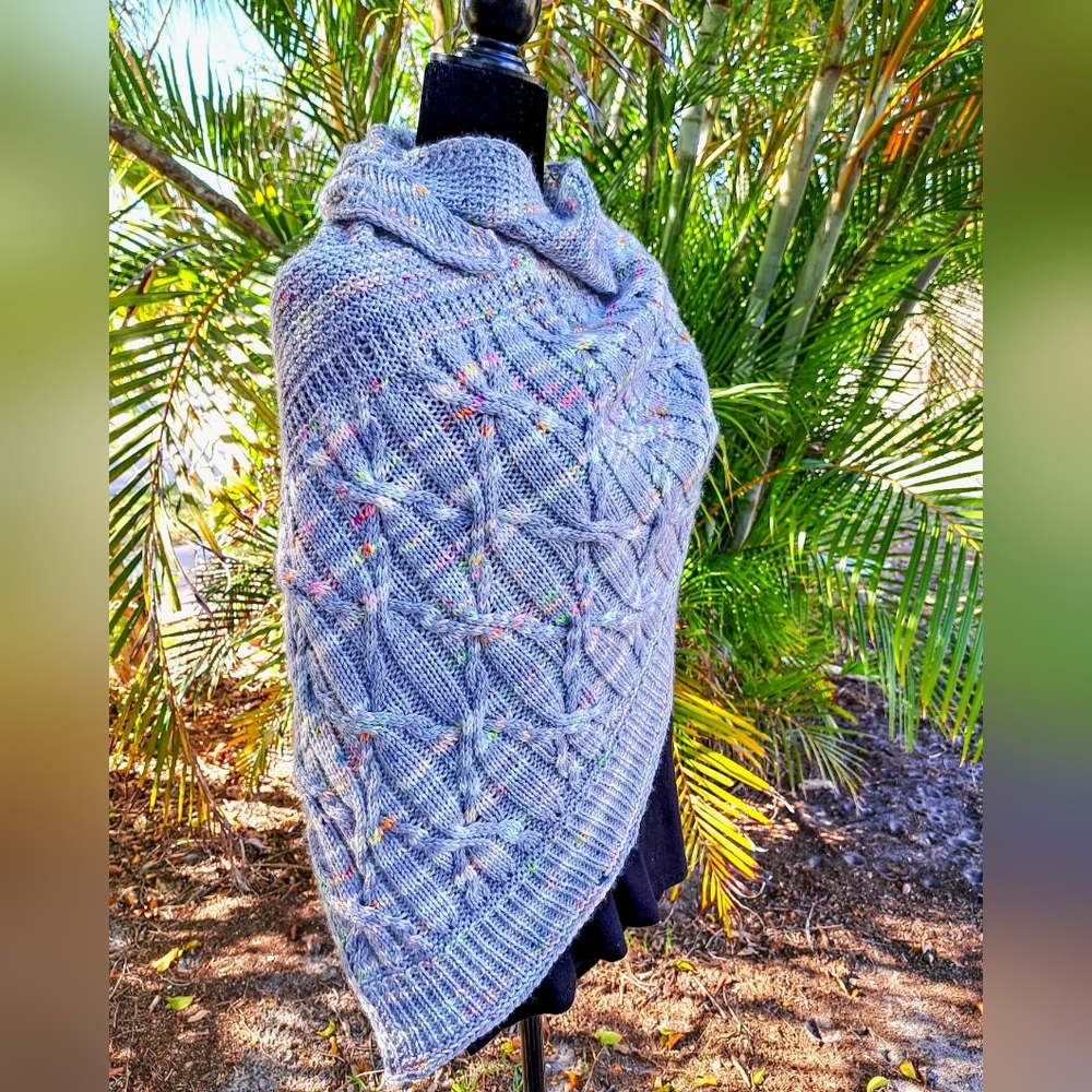 Hand Knitted Shawl Cable Gray Neon Speckled Hand Dyed Yarn Multicolor Accents